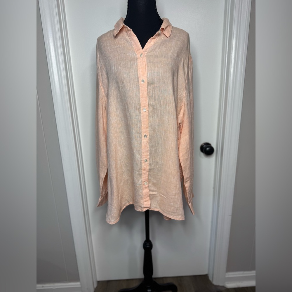 J. Jill Love Linen Essential Button Down Long Sleeve Peach Shirt Size XL